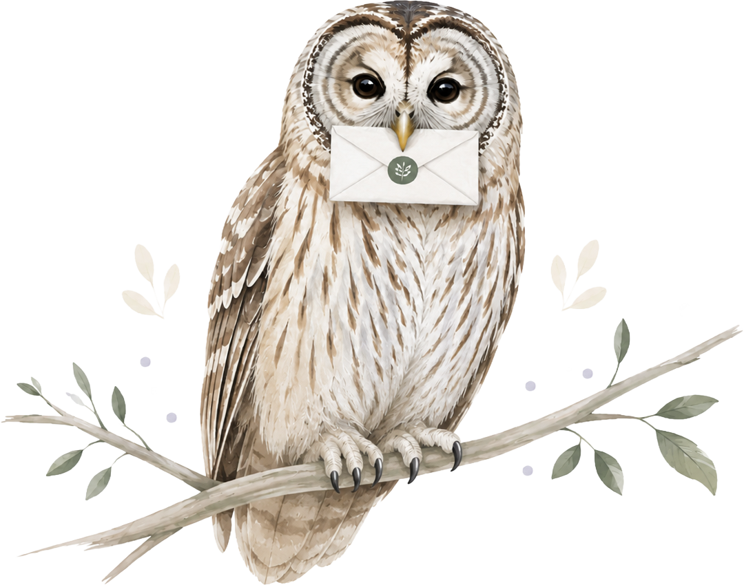 Illustration aquarelle d'une chouette rayée perchée sur une branche, tenant une enveloppe dans son bec