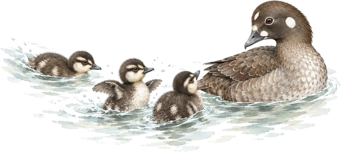Illustration d'une harlequin femelle et ses canetons nageant sur l'eau