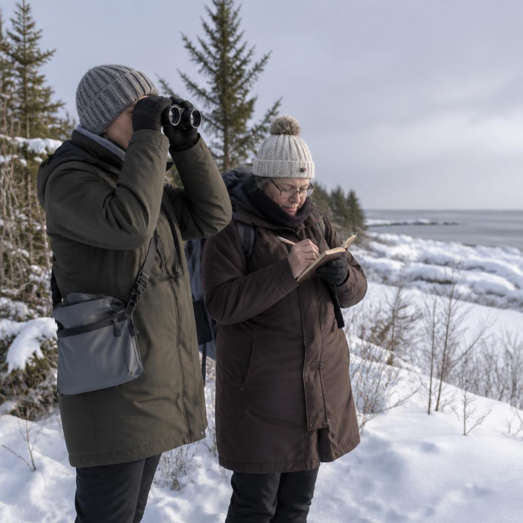 Deux personnes en habits d'hiver observent aux jumelles et notent leurs observations dans la neige