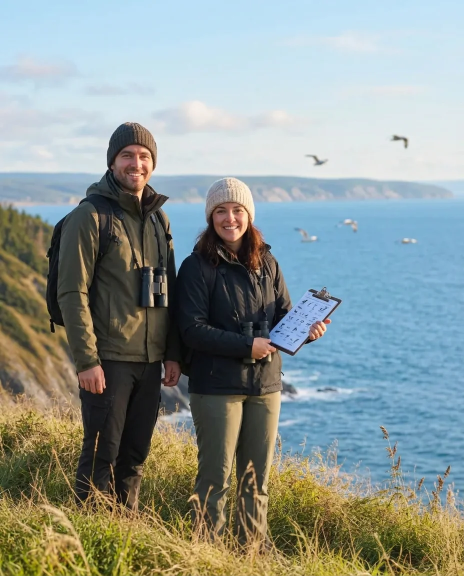 Deux bénévoles souriants face à la caméra, jumelles et feuille de dénombrement à la main, devant la mer en Gaspésie