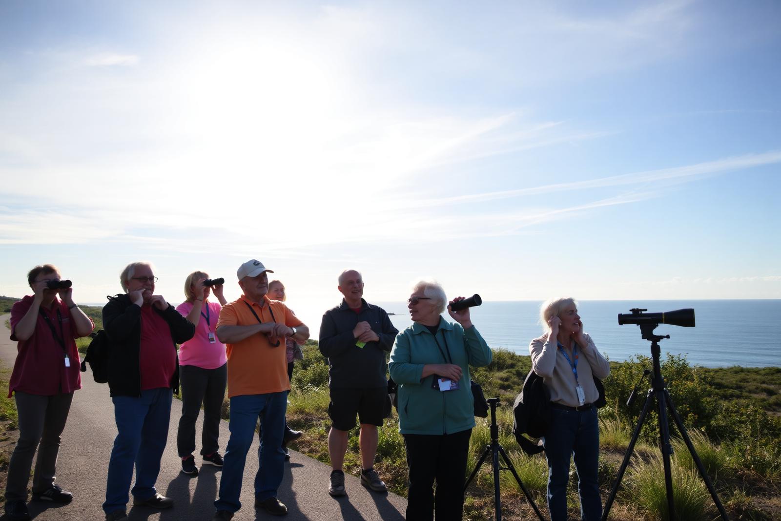 Groupe d'observateurs d'oiseaux avec jumelles et longue-vue sur un sentier côtier gaspésien